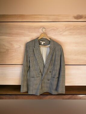 H&M Grey Plaid Double Breasted Blazer With Shoulder Pads & White Lining Women's